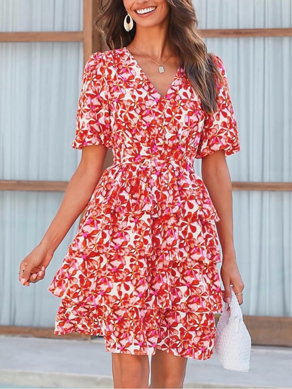 Floral V-Neck Ruffle Tiered Dress in Red - Picture 6 of 12